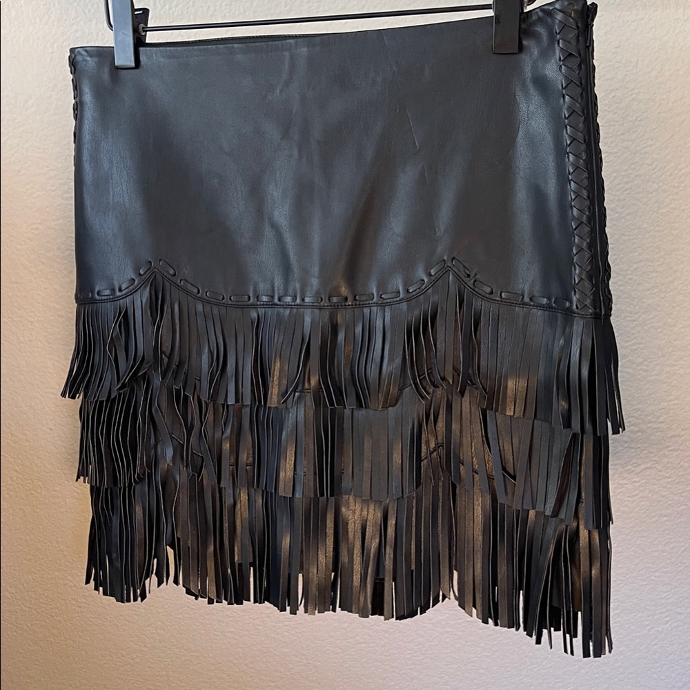 Idylwind Black Faux Leather Fringe Braided Detail Skirt Size S